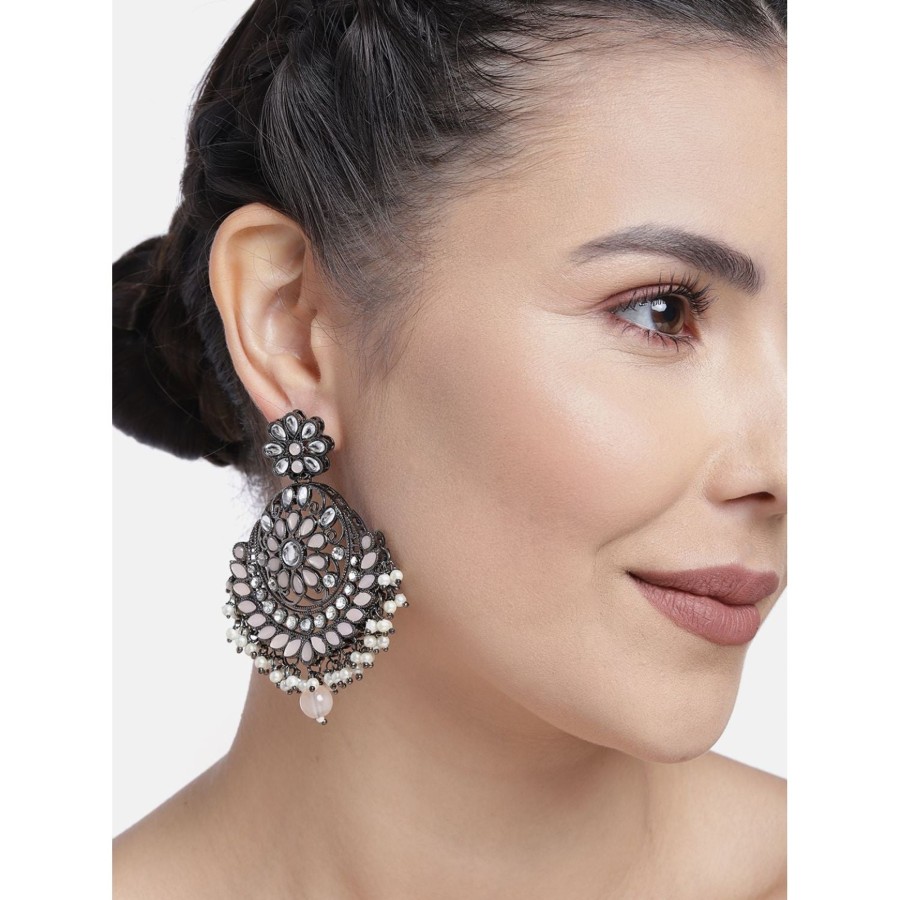 Jewellery I Jewels | Women'S I Jewels 18K Silver Oxidised Traditional Kundan U0026 Stone Studded Chandbali Earrings (E2947Zpe) - I Jewels Peach