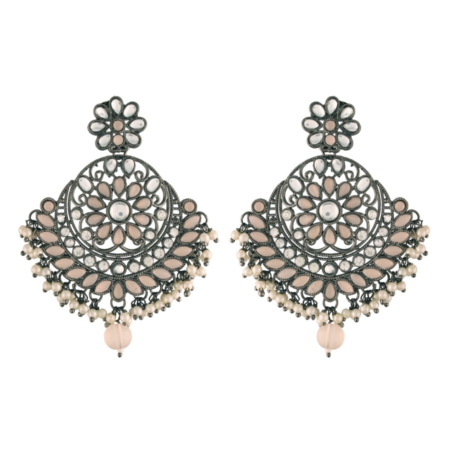 Jewellery I Jewels | Women'S I Jewels 18K Silver Oxidised Traditional Kundan U0026 Stone Studded Chandbali Earrings (E2947Zpe) - I Jewels Peach