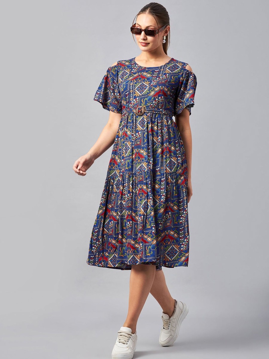 Women Azira | Women'S Rayon Printed Flared Dress - Azira Blue