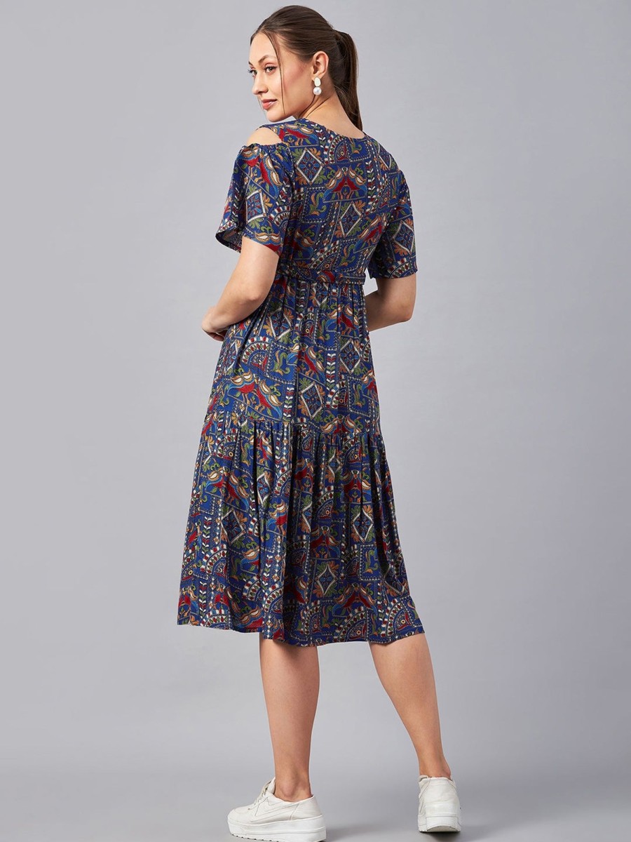 Women Azira | Women'S Rayon Printed Flared Dress - Azira Blue