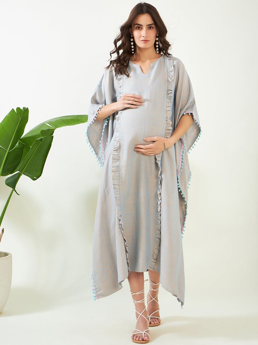 Women The Kaftan Company | Women'S Radiant Soft Linen Maternity And Feeding Kaftan - The Kaftan Company Blue