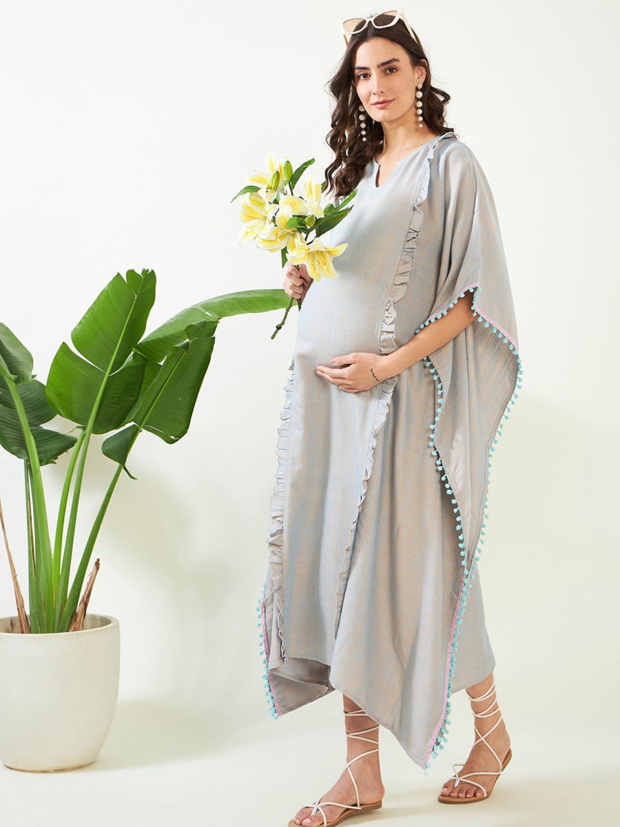 Women The Kaftan Company | Women'S Radiant Soft Linen Maternity And Feeding Kaftan - The Kaftan Company Blue