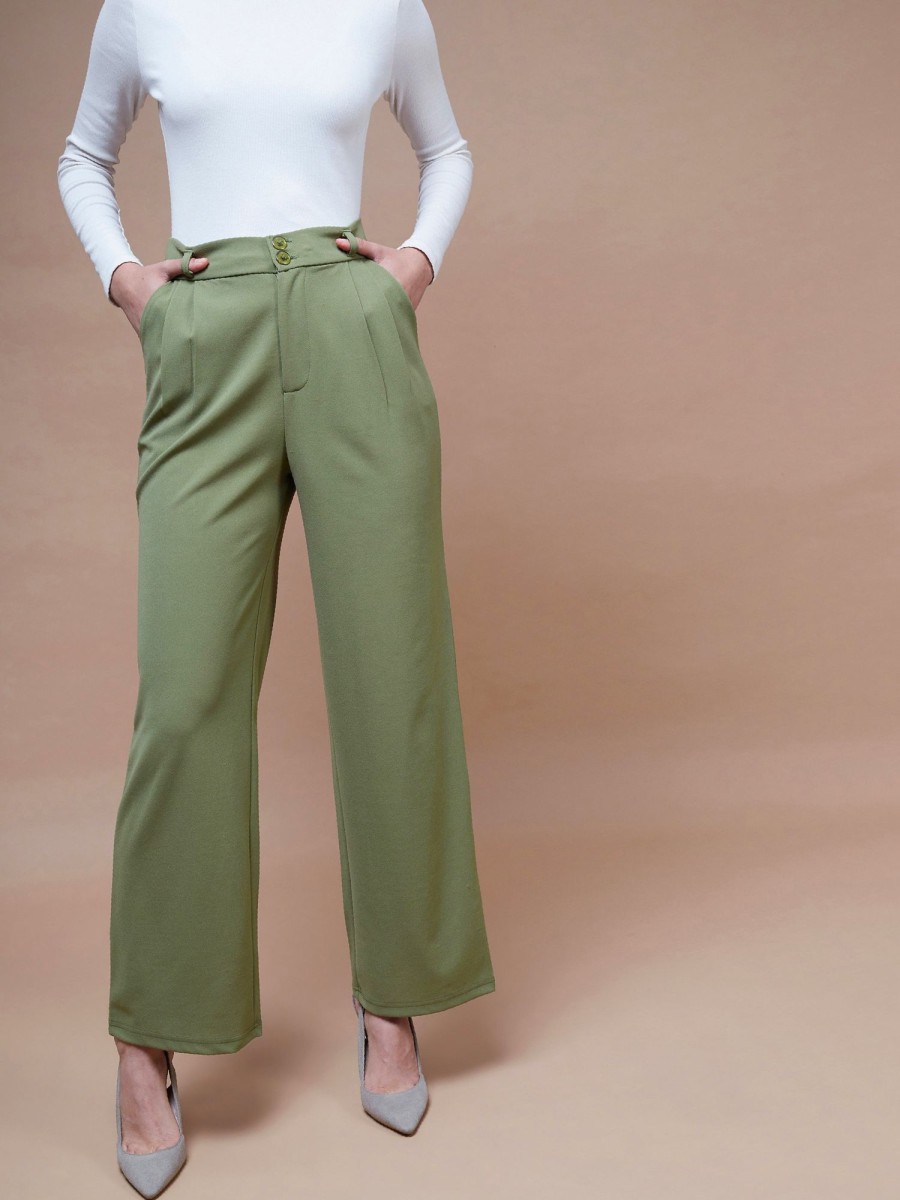 Women SASSAFRAS | Women'S Pleated Straight Stretchable Pants - Sassafras Olive