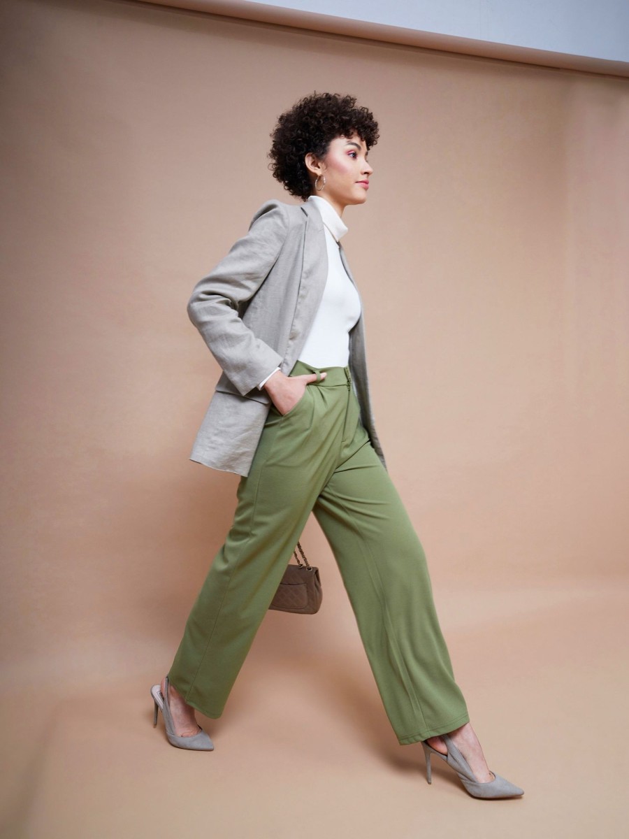 Women SASSAFRAS | Women'S Pleated Straight Stretchable Pants - Sassafras Olive