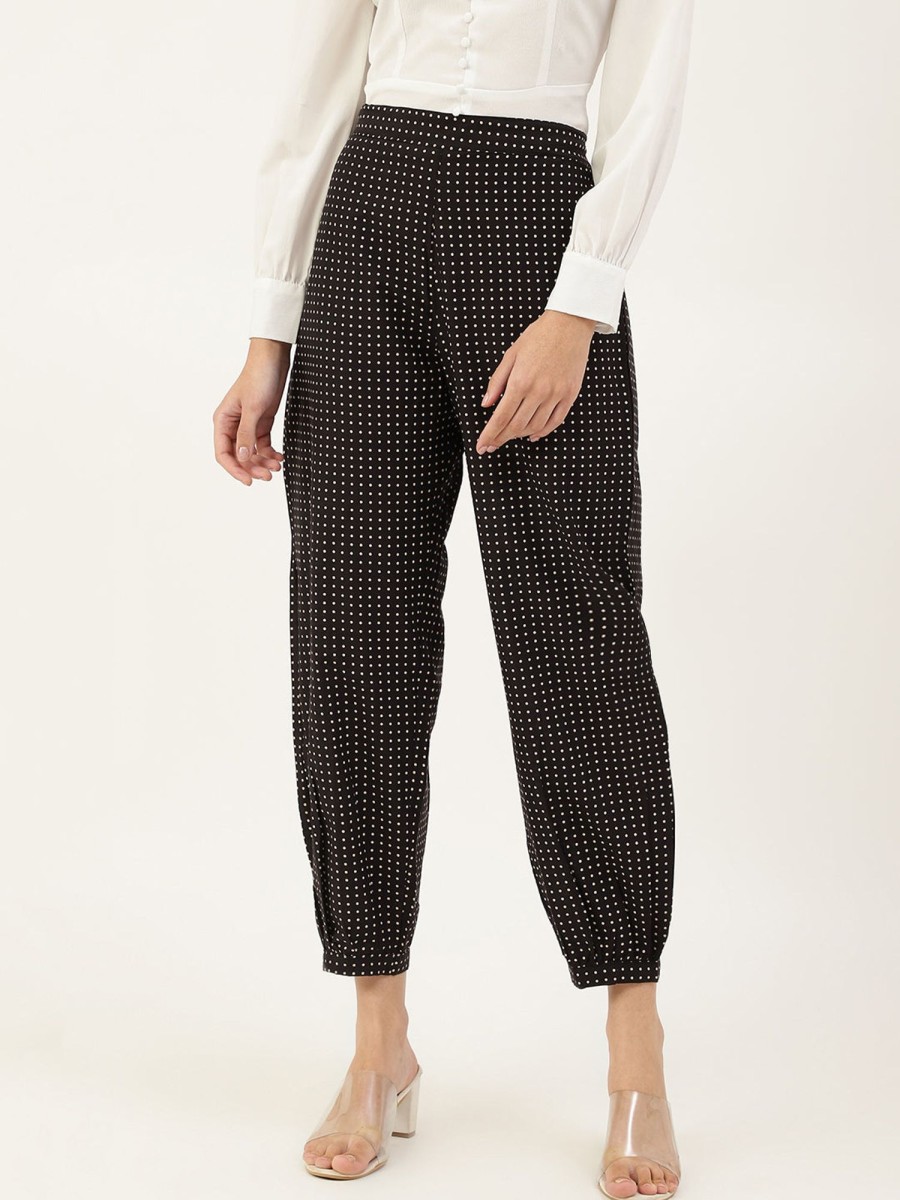 Women DECKEDUP | Women'S Flat-Front Pants And Off-White Printed Mid-Rise Cropped Ethnic Joggers - Deckedup Black