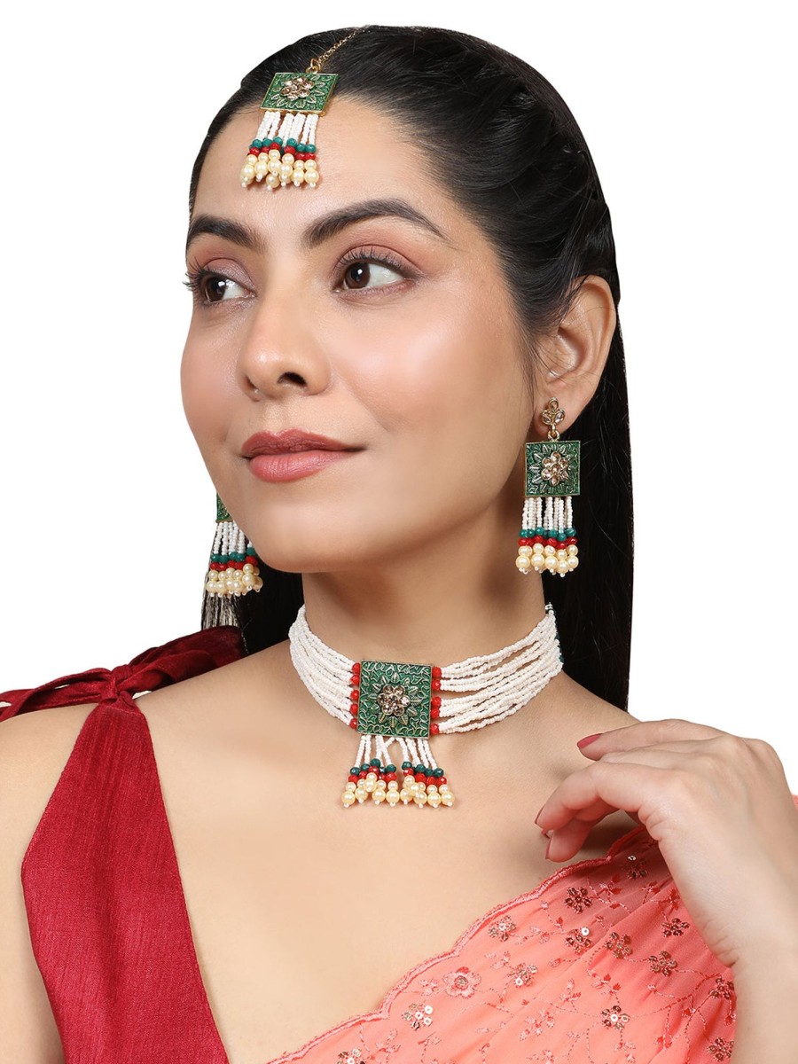 Jewellery Mode Mania | Women'S/Girls Statement Plated Green Enameled Stone Studded With Pearl Layered And Multicolor Pearl Drop Choker Set With Earring - Mode Mania Gold