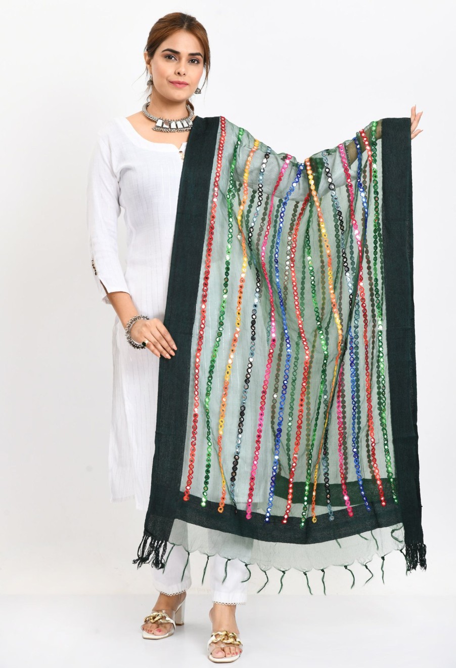 Women Moeza | Women'S Orgenza Multi Thread Mirror Work Bottle Dupatta - Moeza Green