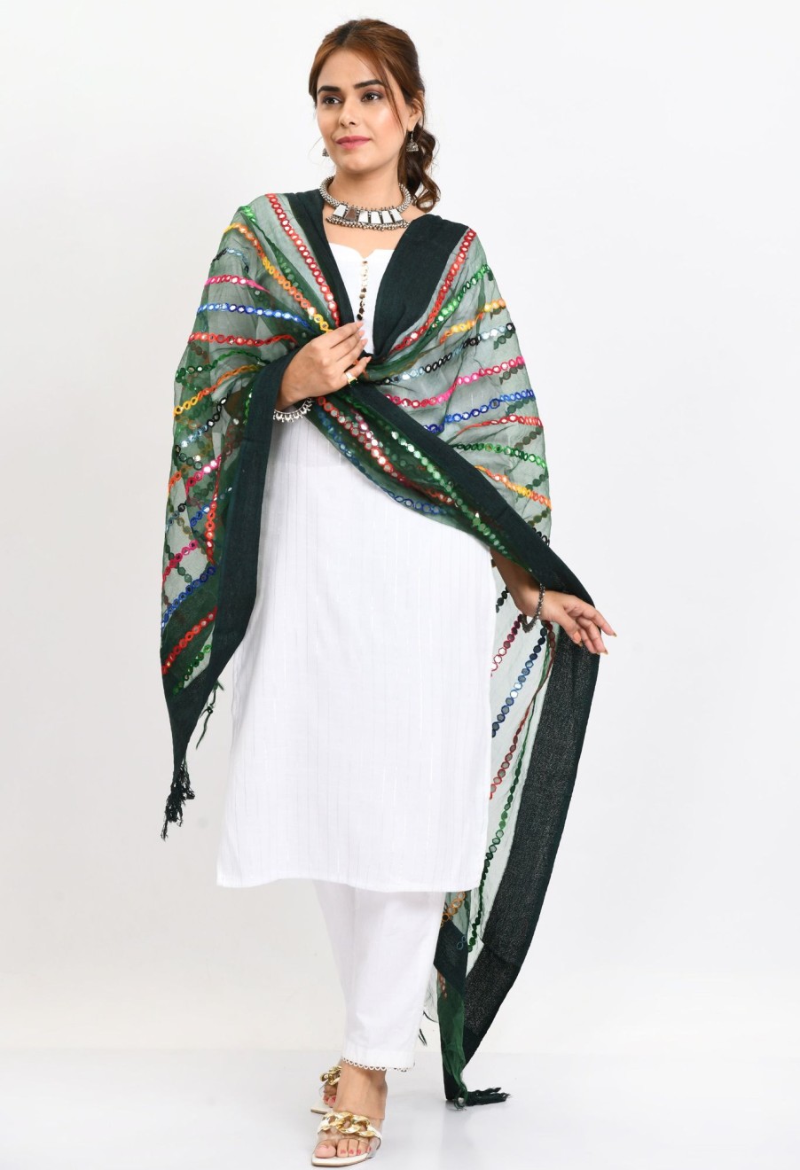 Women Moeza | Women'S Orgenza Multi Thread Mirror Work Bottle Dupatta - Moeza Green