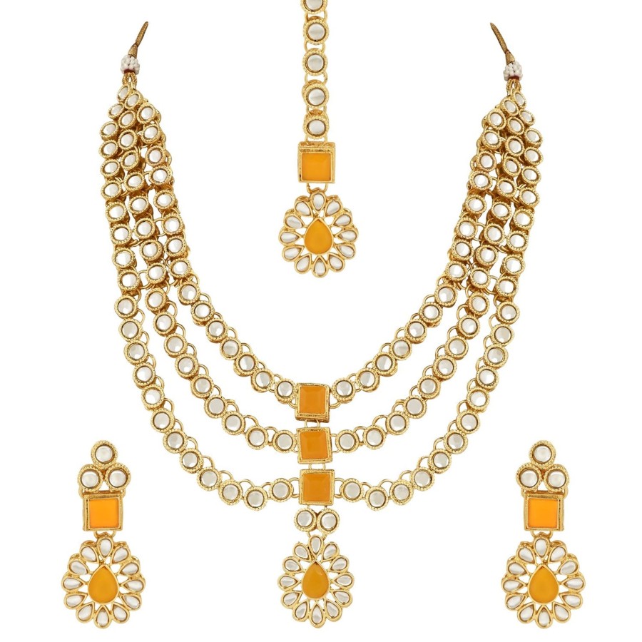 Jewellery I Jewels | Women'S 18K Gold Plated Traditional Kundan Necklace Jewellery Set With Earrings U0026 Maang Tikka - I Jewels Yellow