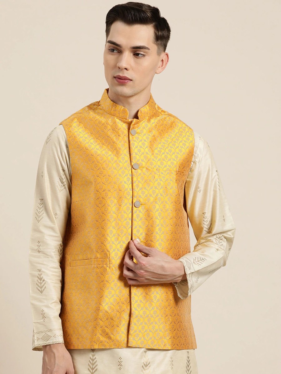 Men Sojanya | Men'S Silk Blend U0026 Gold Self Design Only Nehrujacket - Sojanya Mustard