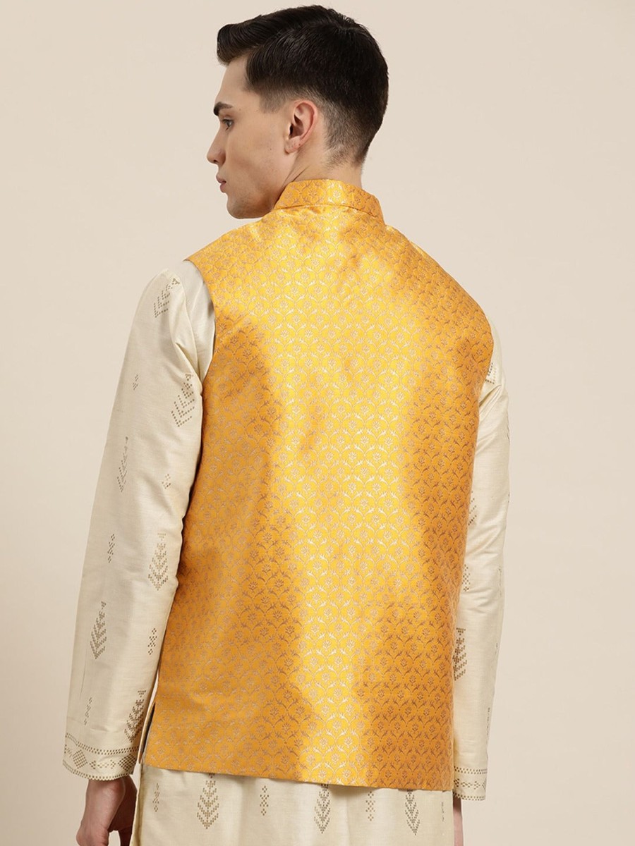 Men Sojanya | Men'S Silk Blend U0026 Gold Self Design Only Nehrujacket - Sojanya Mustard