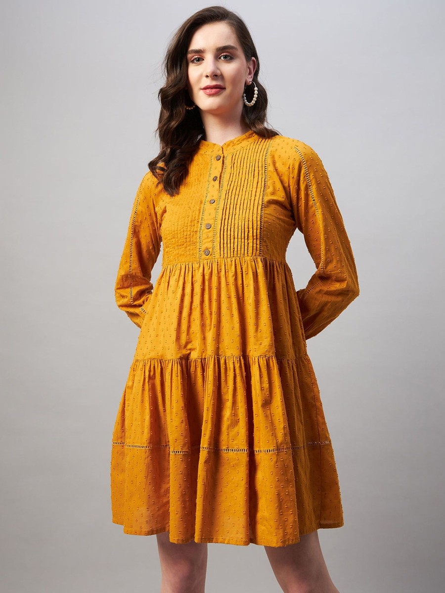 Women Azira | Women'S Dobby Weave Fit And Flare Tiered Dress - Azira Mustard