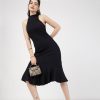 Women Lyush | Women'S Black Rib Fish Frill Bodycon Midi Dress - Lyush