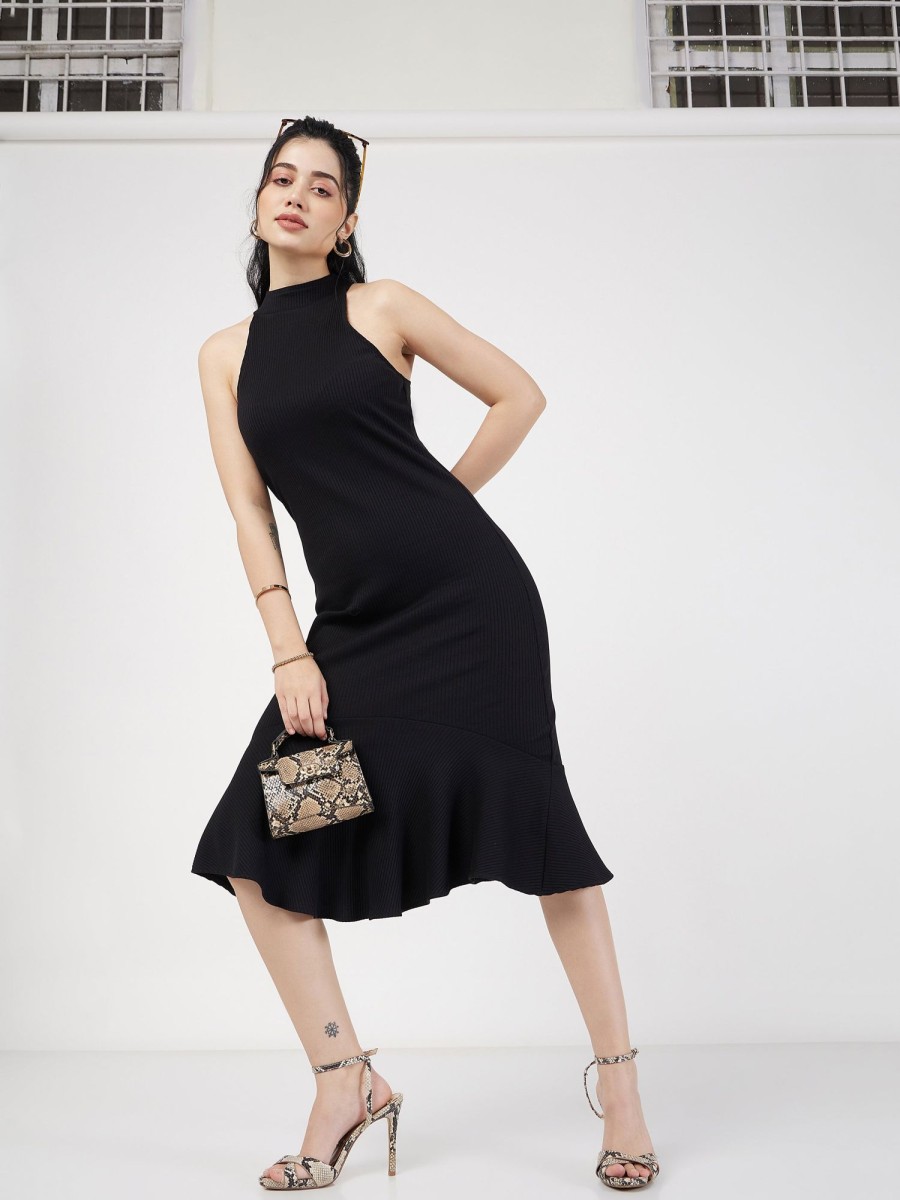 Women Lyush | Women'S Black Rib Fish Frill Bodycon Midi Dress - Lyush