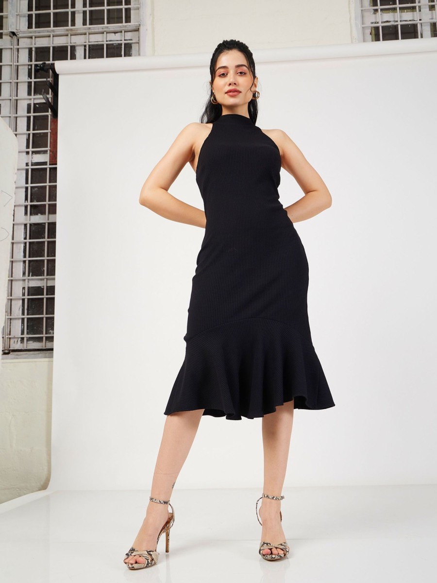 Women Lyush | Women'S Black Rib Fish Frill Bodycon Midi Dress - Lyush