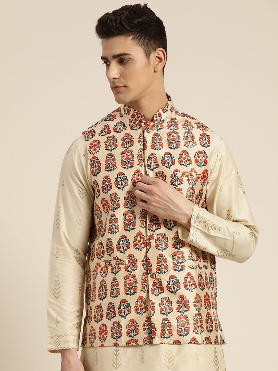 Men Sojanya | Men'S Silk Blend Printed Only Nehrujacket - Sojanya Beige