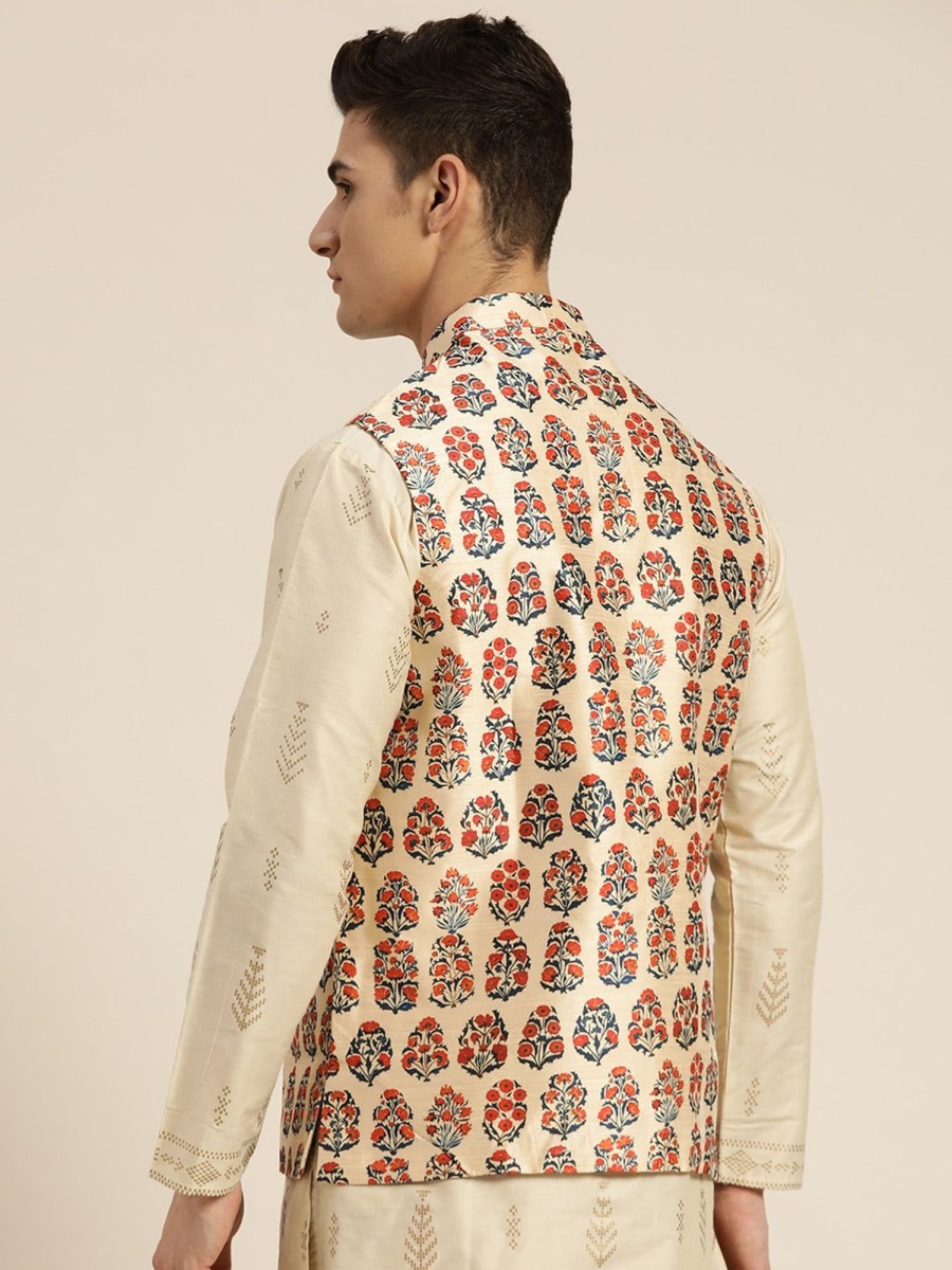 Men Sojanya | Men'S Silk Blend Printed Only Nehrujacket - Sojanya Beige