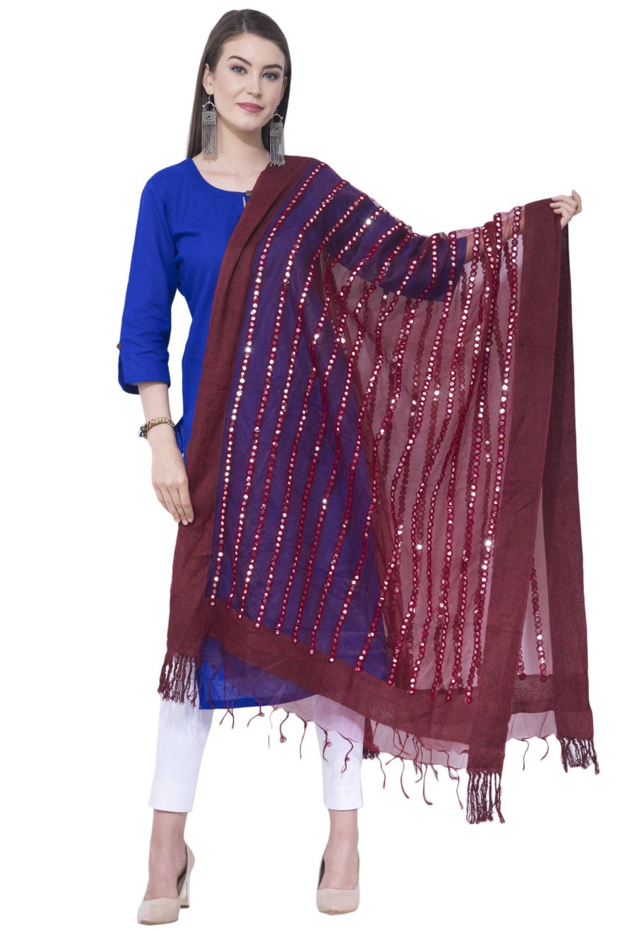 Women AR Silks | A R Silk Color Mirror Stripe Orgenza Cotton Dupattas And Chunnis Mehroon