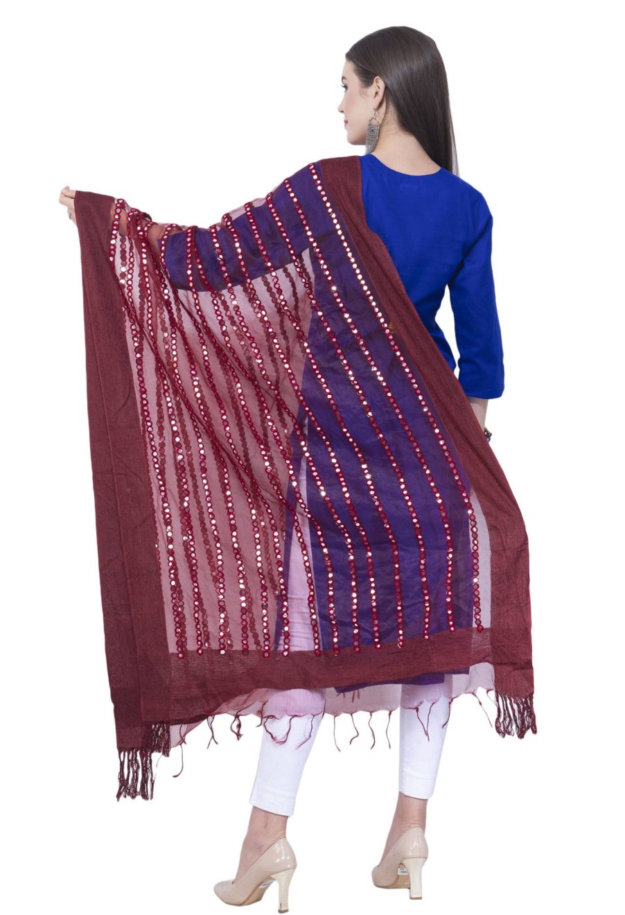 Women AR Silks | A R Silk Color Mirror Stripe Orgenza Cotton Dupattas And Chunnis Mehroon