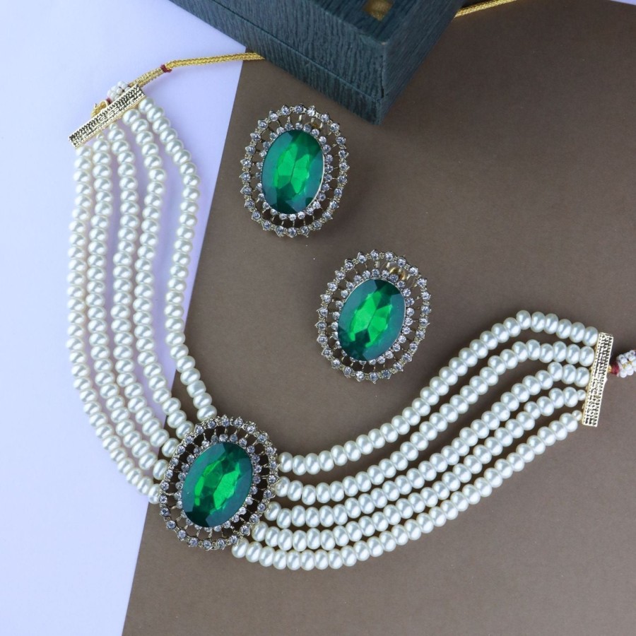 Jewellery I Jewels | Women'S Gold Plated Traditional Stone Studded Pearl Choker Necklace Jewellery Set - I Jewels Green