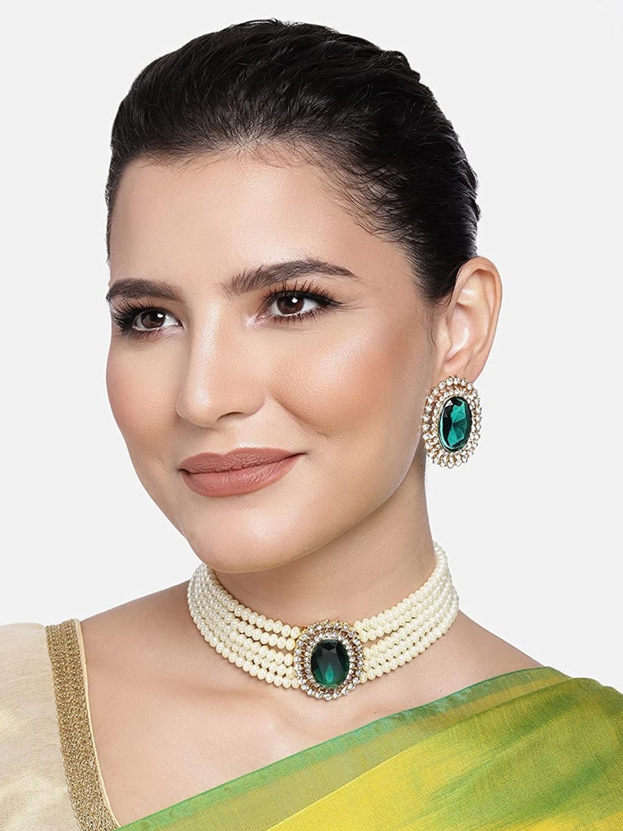 Jewellery I Jewels | Women'S Gold Plated Traditional Stone Studded Pearl Choker Necklace Jewellery Set - I Jewels Green