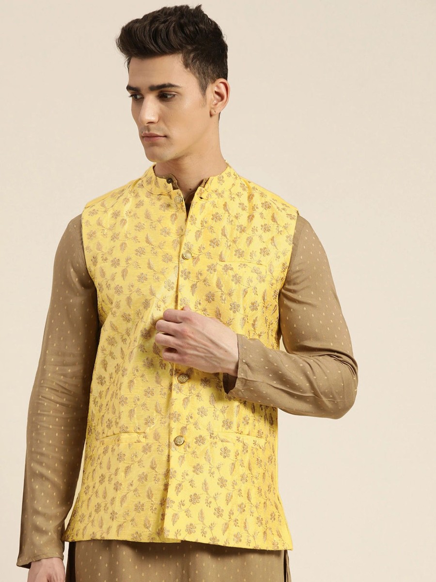 Men Sojanya | Men'S Silk Blend Lemon U0026 Gold Embroidered Only Nehrujacket - Sojanya Yellow