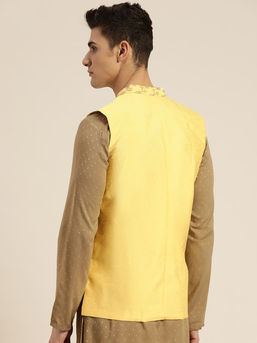 Men Sojanya | Men'S Silk Blend Lemon U0026 Gold Embroidered Only Nehrujacket - Sojanya Yellow