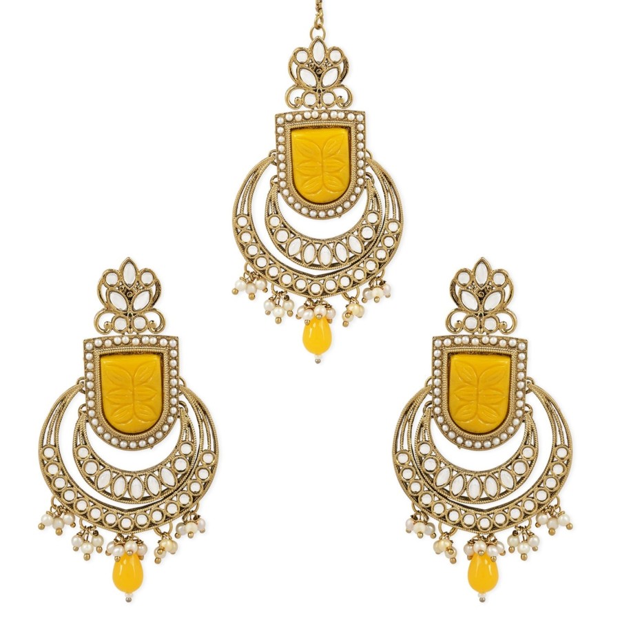 Jewellery I Jewels | Women'S Traditional Pearl Hanging Kundan Stone Studed Chandbali Earring With Maang Tikka - I Jewels Yellow