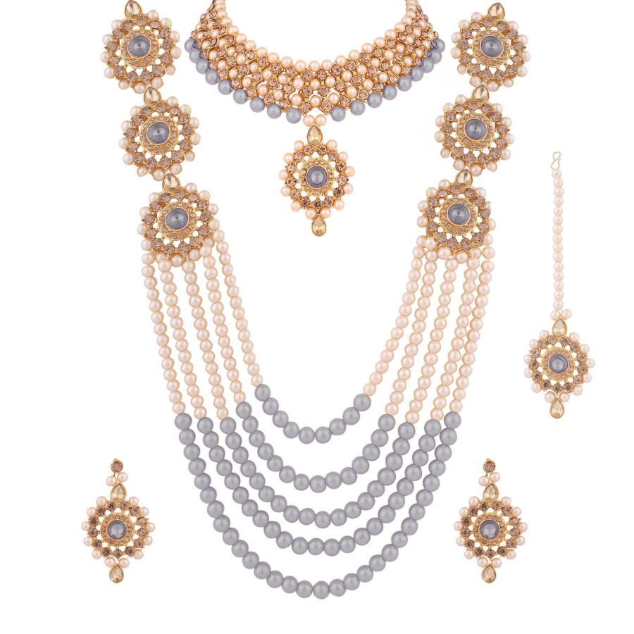 Jewellery Zaffre Collections | Women'S/Girl'S Beautiful Gold Pearl Necklace Choker Combo Set With Maang Tikka - Zaffre Collections Grey