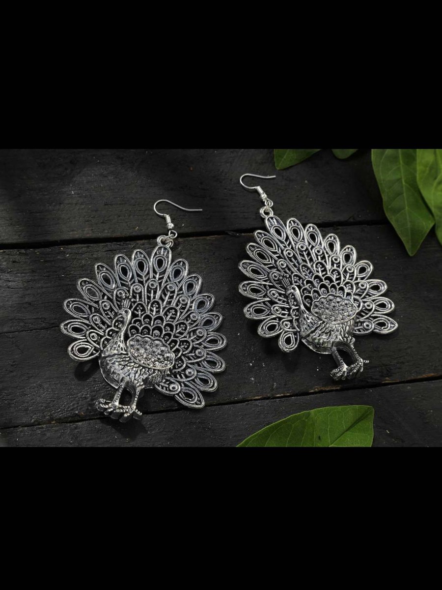 Jewellery Kamal Johar | Johar Kamal Oxidised Peacock Design Earrings Jhumkas Jker_080