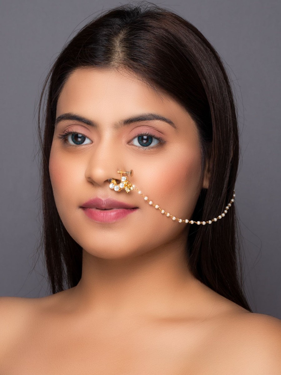 Jewellery Morkanth | Women'S Gold-Plated Off-White Pachi Kundan-Studded U0026 Beaded Chained Nose Ring - Morkanth