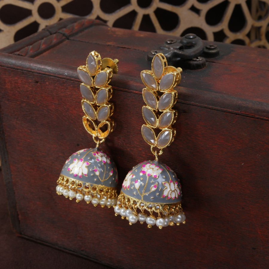 Jewellery I Jewels | Women'S 18K Gold Plated Grey Enamelled Leaf Shaped Jhumki Earringse2922Gr - I Jewels