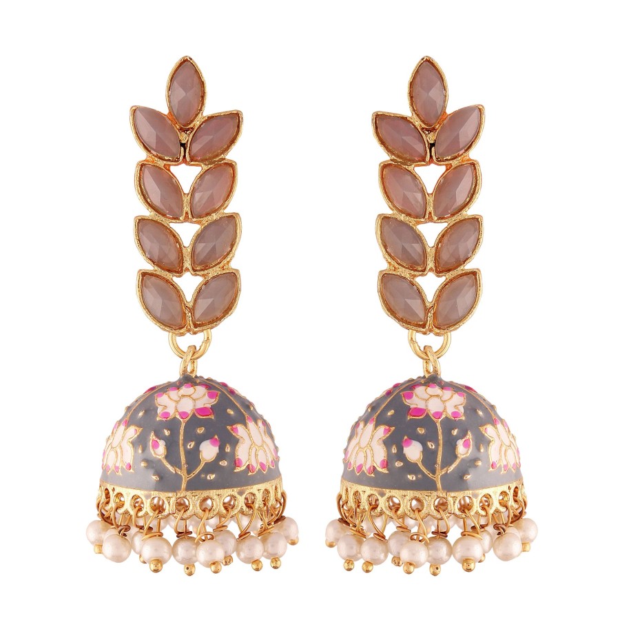 Jewellery I Jewels | Women'S 18K Gold Plated Grey Enamelled Leaf Shaped Jhumki Earringse2922Gr - I Jewels