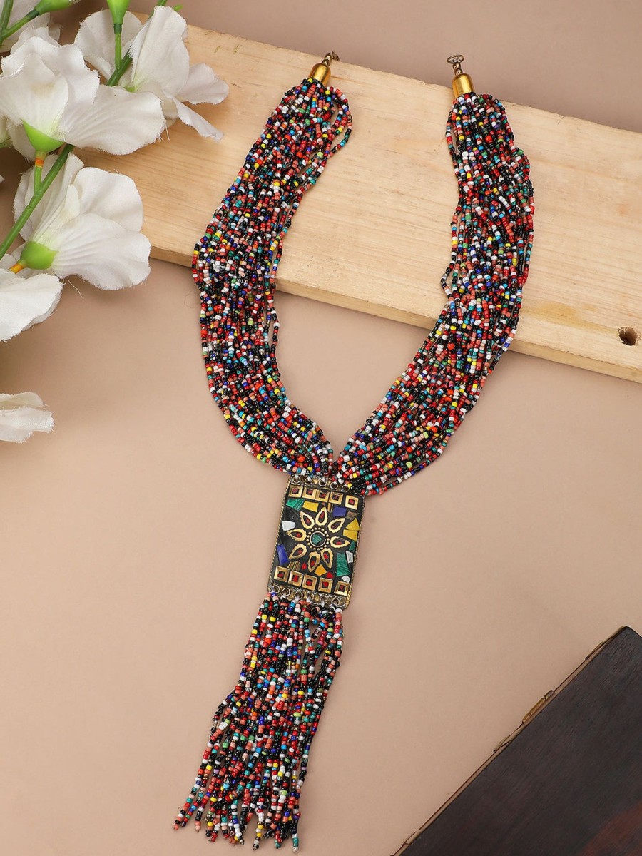 Jewellery Anikas Creation | Women'S Elegant Multi Colour Beaded Multi Strand Tasselled Necklace - Anikas Creation Multi Color