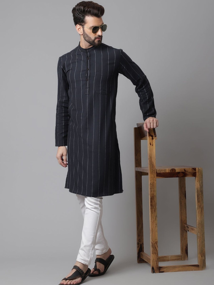 Men Even Apparels | Men'S Pure Cotton Kurta With Band Collar - Even Apparels Black