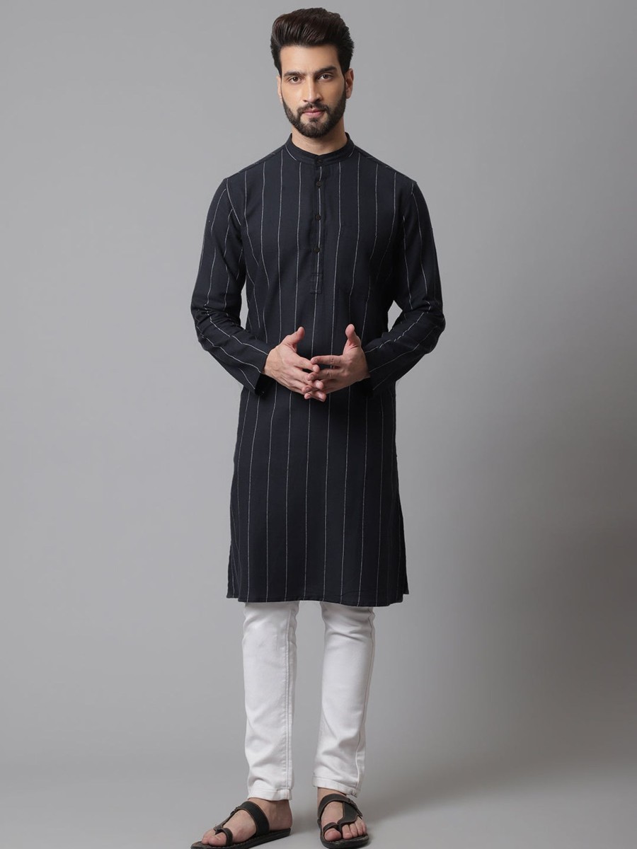 Men Even Apparels | Men'S Pure Cotton Kurta With Band Collar - Even Apparels Black