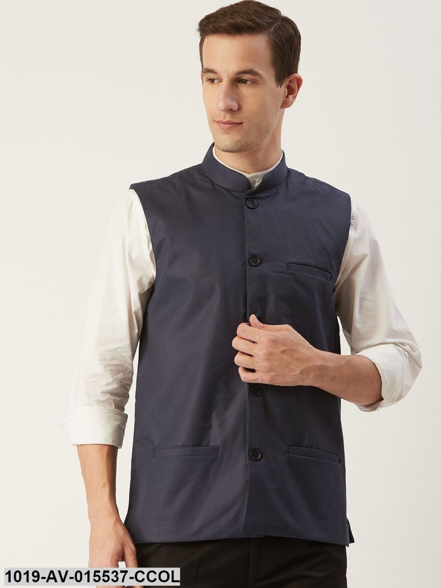 Men Sojanya | Men'S Cotton Blend Charcoal Grey Solid Nehru Jacket - Sojanya