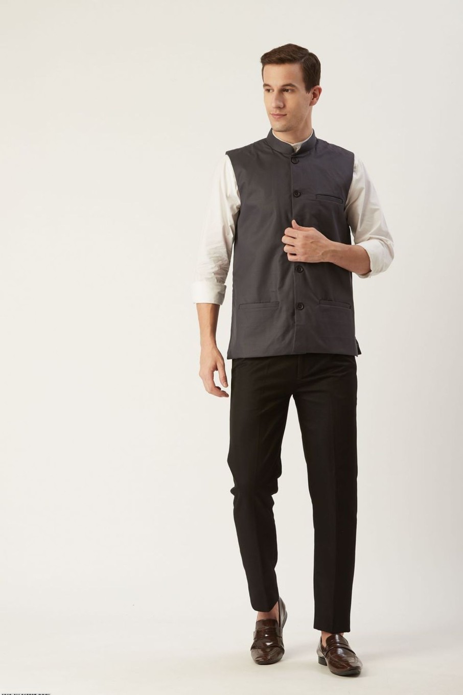 Men Sojanya | Men'S Cotton Blend Charcoal Grey Solid Nehru Jacket - Sojanya