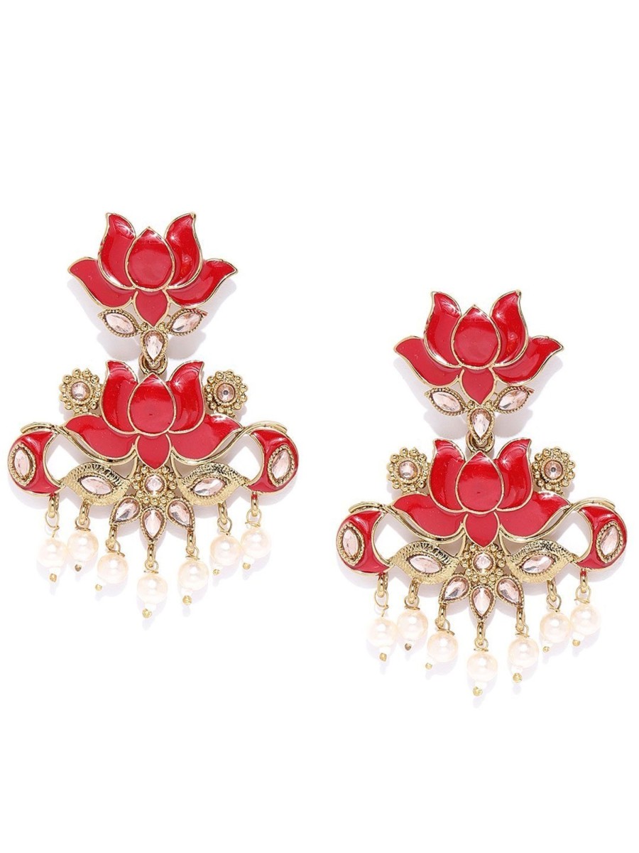 Jewellery Priyaasi | Women'S Gold-Plated Stones Studded, Lotus Patterned Meenakari Drop Earring In Red Color With Pearls Drop - Priyaasi