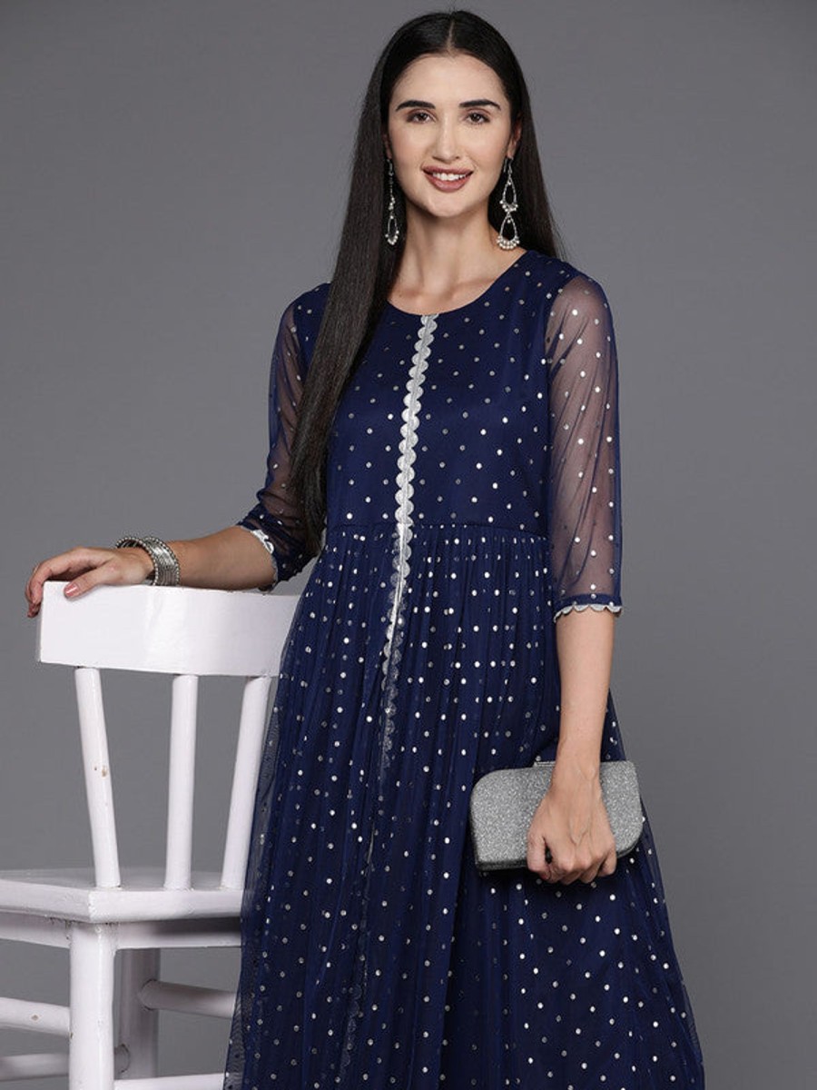 Women Ahalyaa | Women'S Navy Polka Dot Print Net A-Line Maxi Dress - Ahalyaa Blue