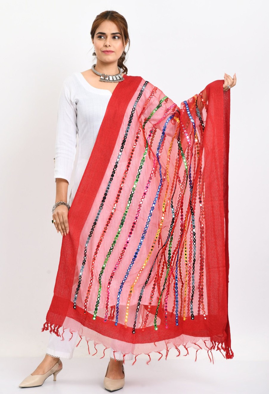 Women Moeza | Women'S Orgenza Multi Thread Mirror Work Dupatta - Moeza Red