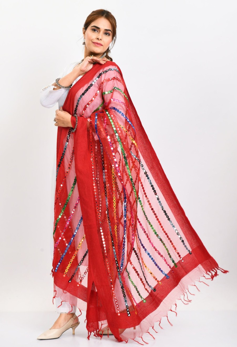 Women Moeza | Women'S Orgenza Multi Thread Mirror Work Dupatta - Moeza Red