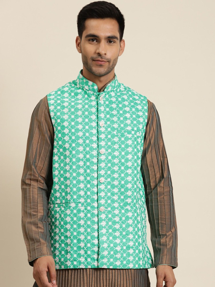 Men Sojanya | Men'S Silk Blend Rama Embroidered Only Nehrujacket - Sojanya Green