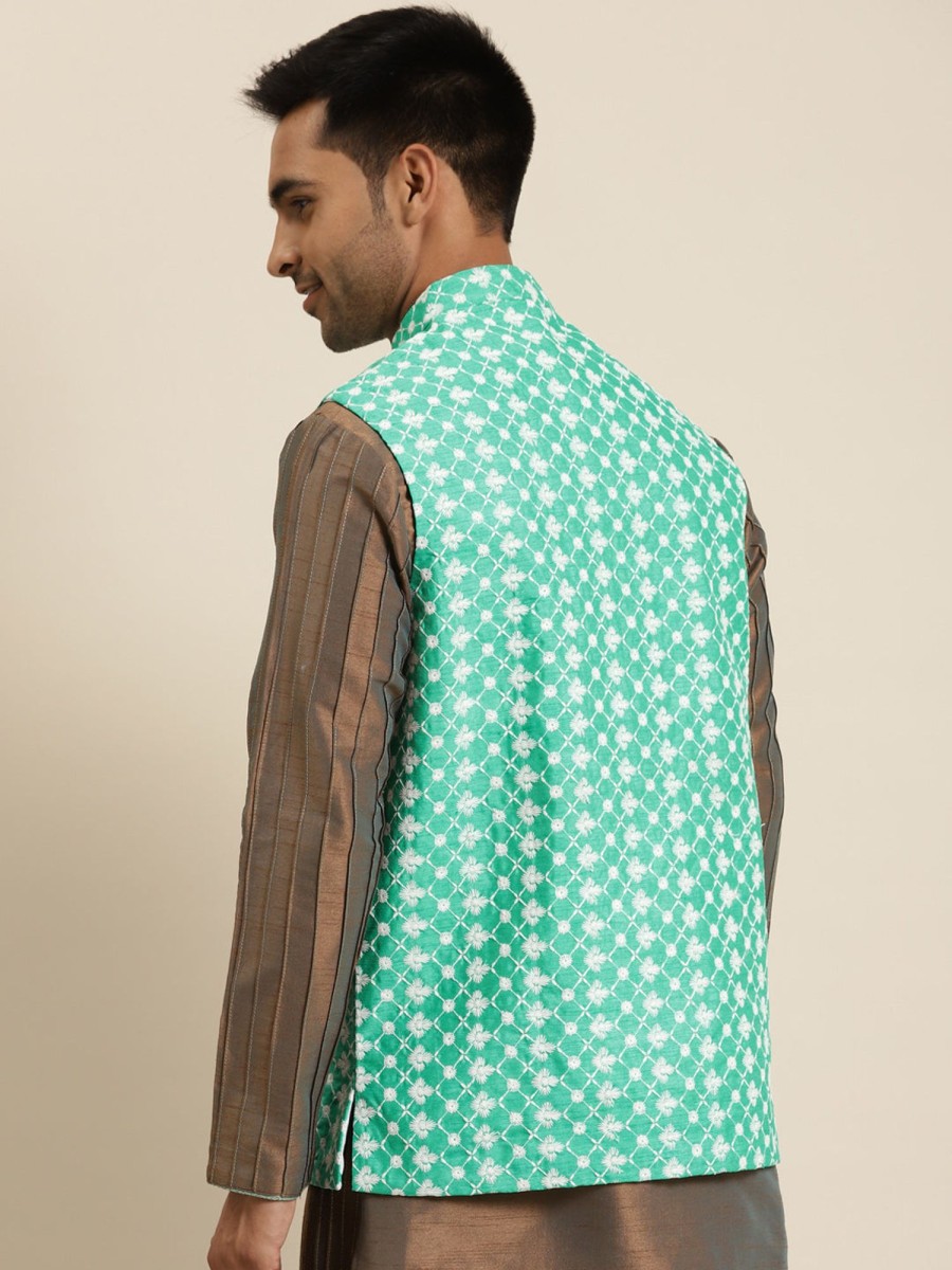 Men Sojanya | Men'S Silk Blend Rama Embroidered Only Nehrujacket - Sojanya Green