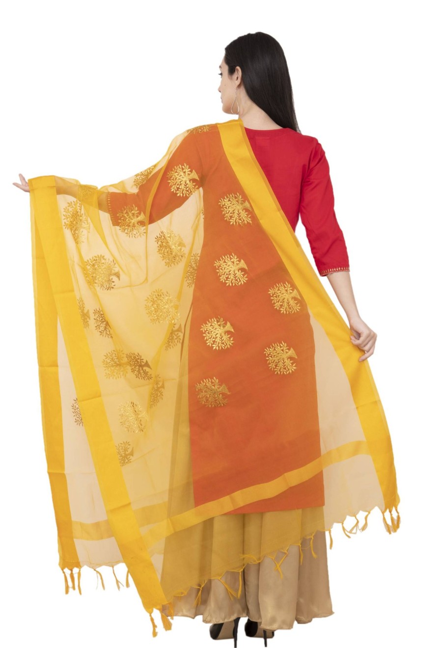 Women AR Silks | A R Silk Tissue Zari Emb. Fancy Dupatta Color Dupatta Or Chunni Yelllow