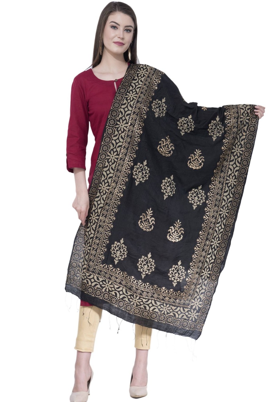 Women AR Silks | A R Silk Golden Color Fancy Silk Dupattas And Chunnis Black