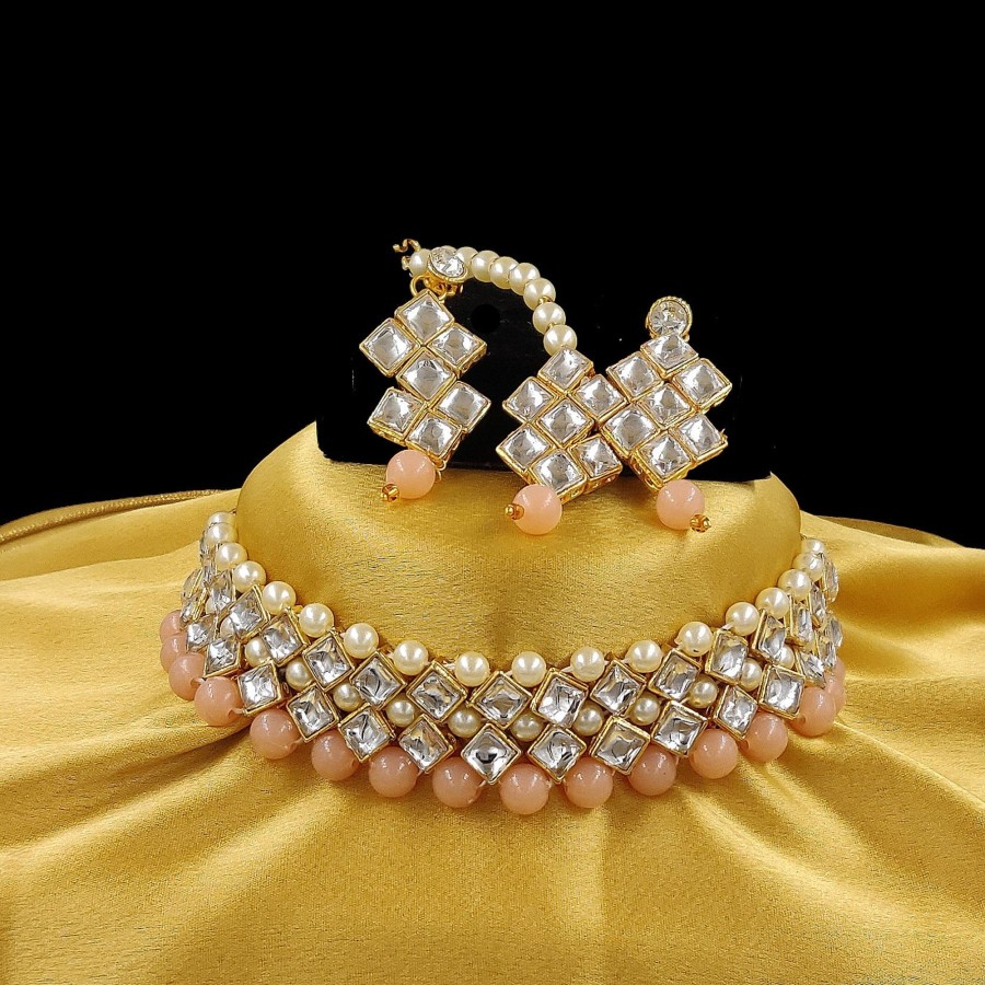 Jewellery Zaffre Collections | Women'S Stylish Kundan And Choker Set - Zaffre Collections Peach