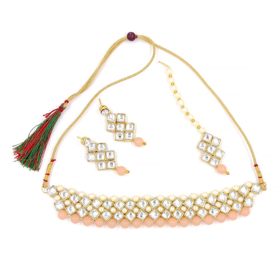 Jewellery Zaffre Collections | Women'S Stylish Kundan And Choker Set - Zaffre Collections Peach