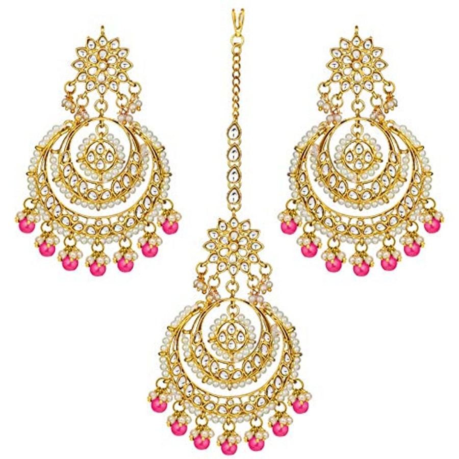 Jewellery I Jewels | Women'S Traditional Gold Plated Chandbali Kundan U0026 Pearl Earring Set With Maang Tikka - I Jewels