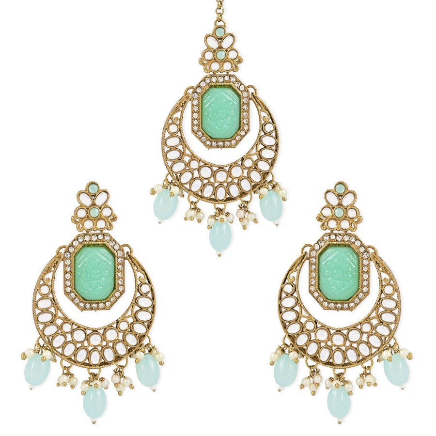 Jewellery I Jewels | Women'S Traditional Pearl Hanging Kundan Stone Studed Chandbali Earring With Maang Tikka - I Jewels Green